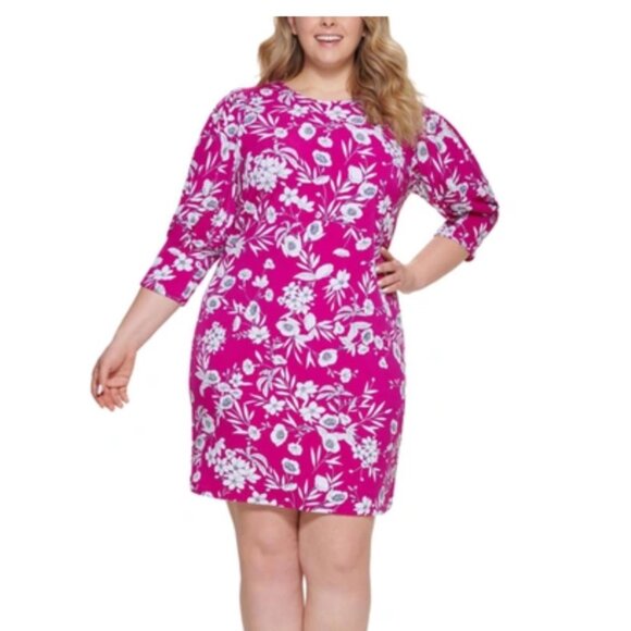 Jessica Howard Plus Floral Print Mini Shift Dress Fuchsia Size 14W - Picture 1 of 4